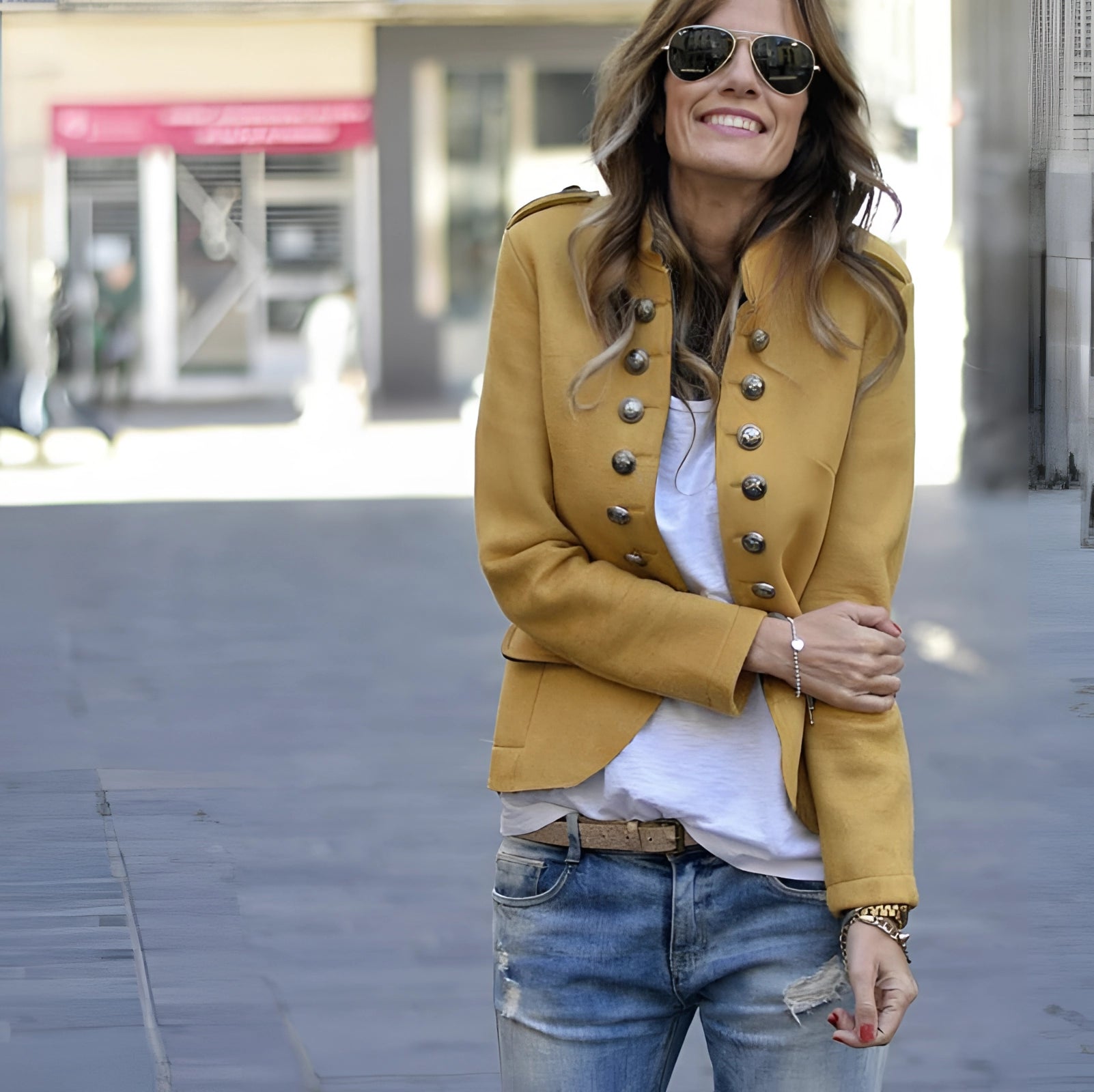 Chic Black Women's Double-Breasted Military Jacket with Silver Buttons - Trendy Autumn Outerwear