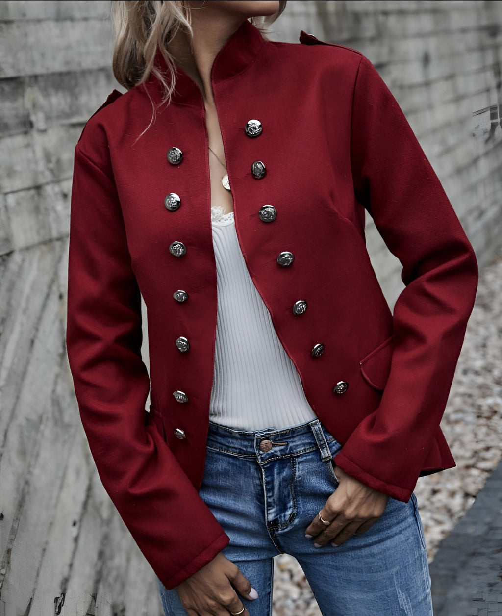Chic Black Women's Double-Breasted Military Jacket with Silver Buttons - Trendy Autumn Outerwear