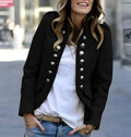 Chic Black Women's Double-Breasted Military Jacket with Silver Buttons - Trendy Autumn Outerwear