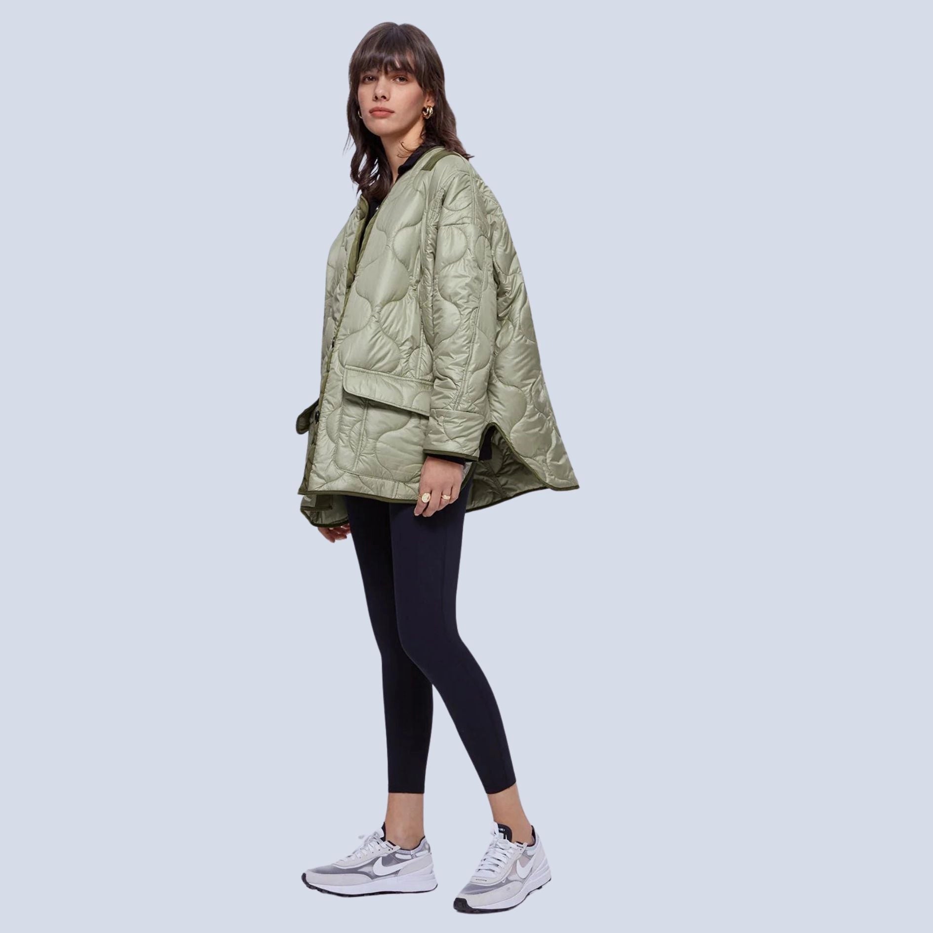 Lightweight Oversized Green Women's Quilted Puffer Jacket - Casual Autumn Outerwear