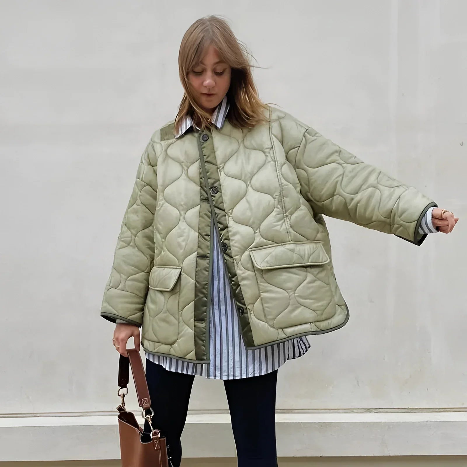 Lightweight Oversized Green Women's Quilted Puffer Jacket - Casual Autumn Outerwear