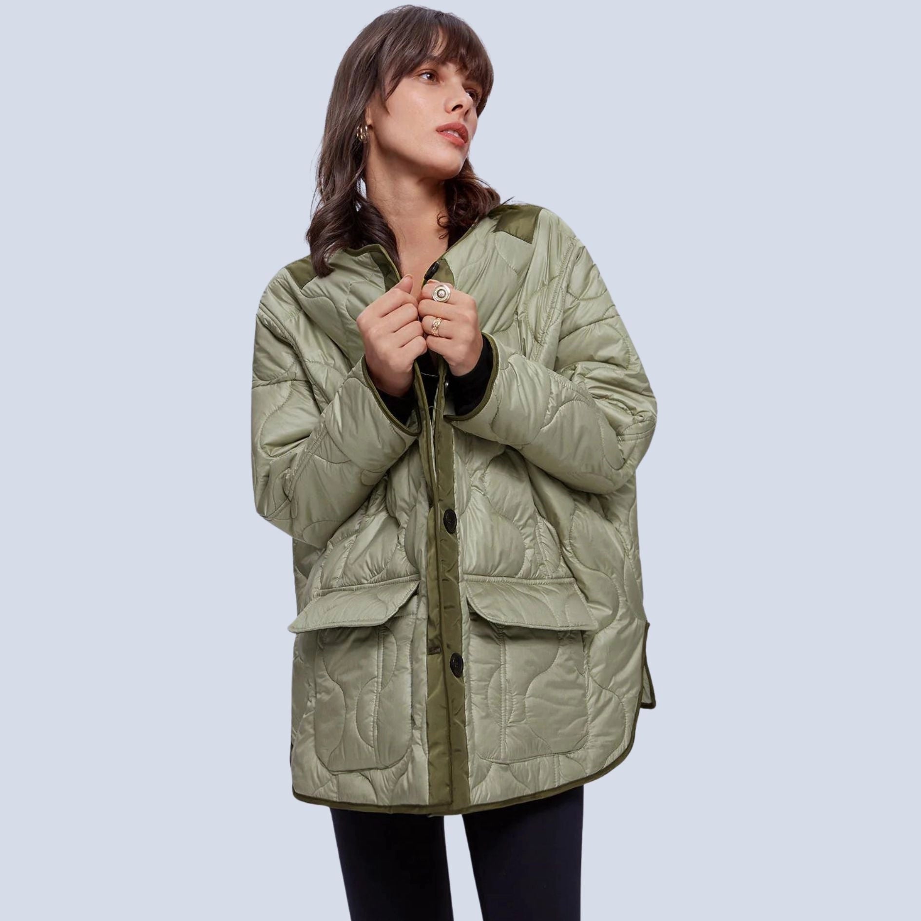 Lightweight Oversized Green Women's Quilted Puffer Jacket - Casual Autumn Outerwear