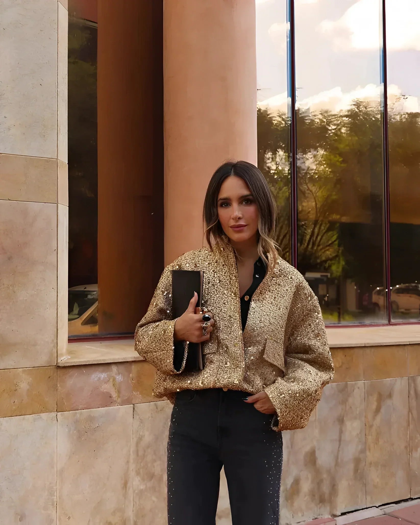 Chic Women's Textured Gold Metallic Bomber Jacket - Stylish Outerwear for Every Occasion