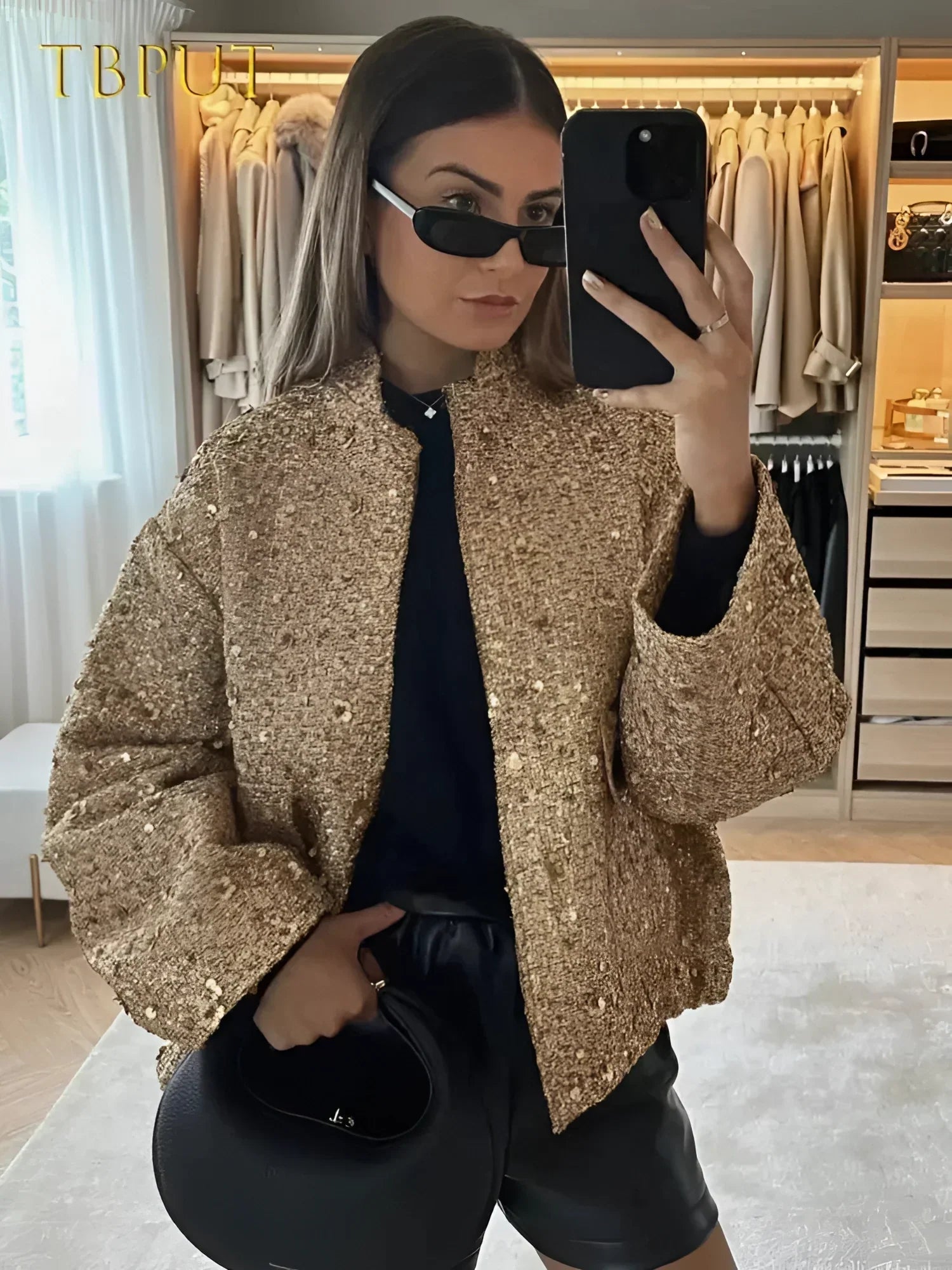 Chic Women's Textured Gold Metallic Bomber Jacket - Stylish Outerwear for Every Occasion