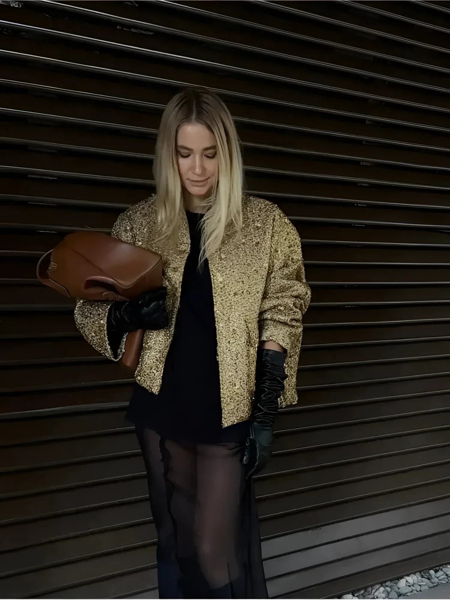 Chic Women's Textured Gold Metallic Bomber Jacket - Stylish Outerwear for Every Occasion