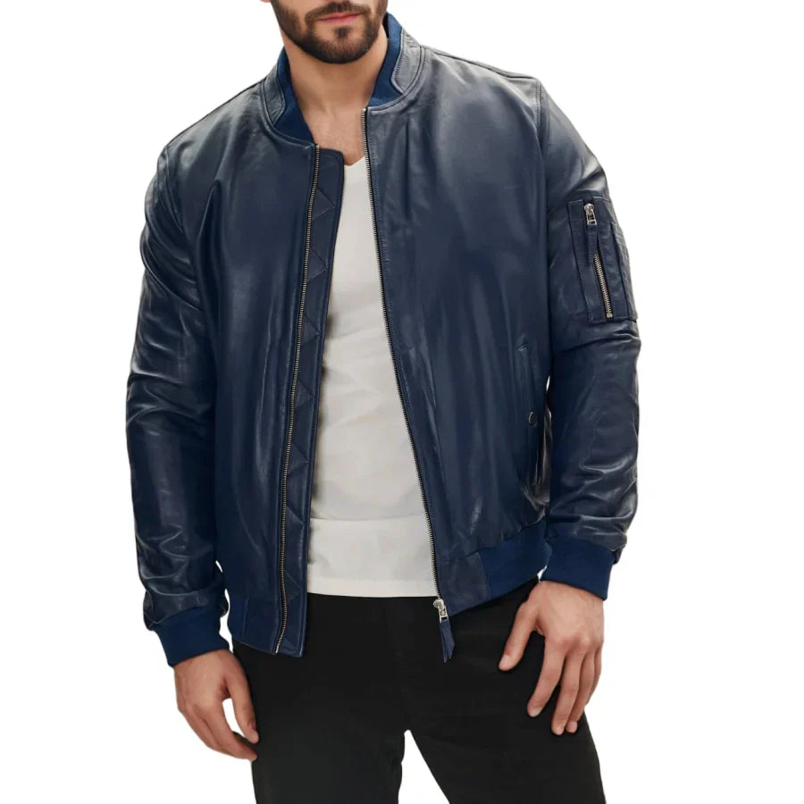 Blaze Ma-1 Blue Leather Bomber Jacket