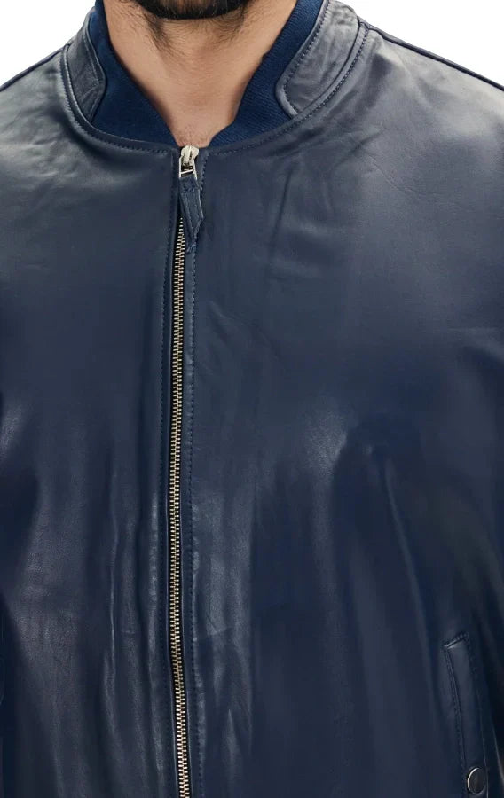 Blaze Ma-1 Blue Leather Bomber Jacket