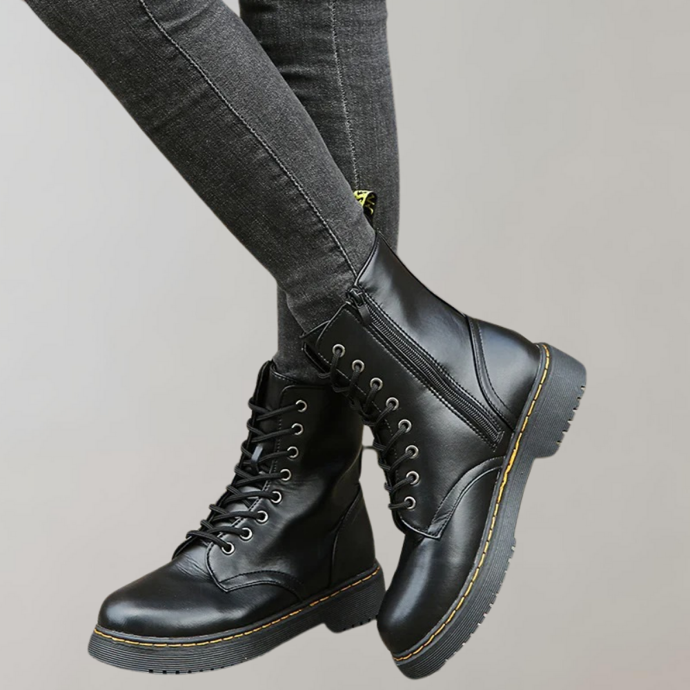 Women's Lace-Up Combat Boots with Durable Sole & Side Zipper - Stylish & Comfortable Footwear for Everyday Wear