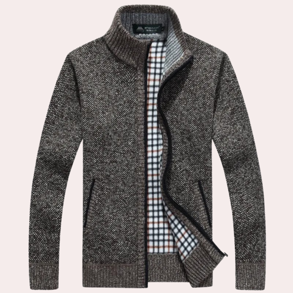Men's Knitted Zip-Up Cardigan with Stylish Plaid Lining & Mock Neck - Cozy & Fashionable Outerwear