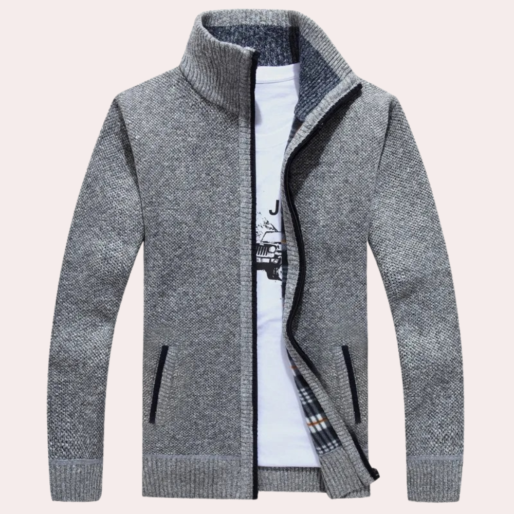Men's Knitted Zip-Up Cardigan with Stylish Plaid Lining & Mock Neck - Cozy & Fashionable Outerwear