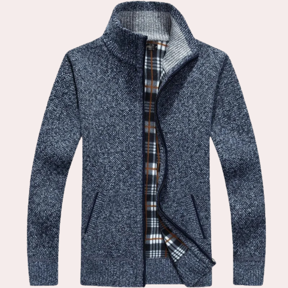 Men's Knitted Zip-Up Cardigan with Stylish Plaid Lining & Mock Neck - Cozy & Fashionable Outerwear