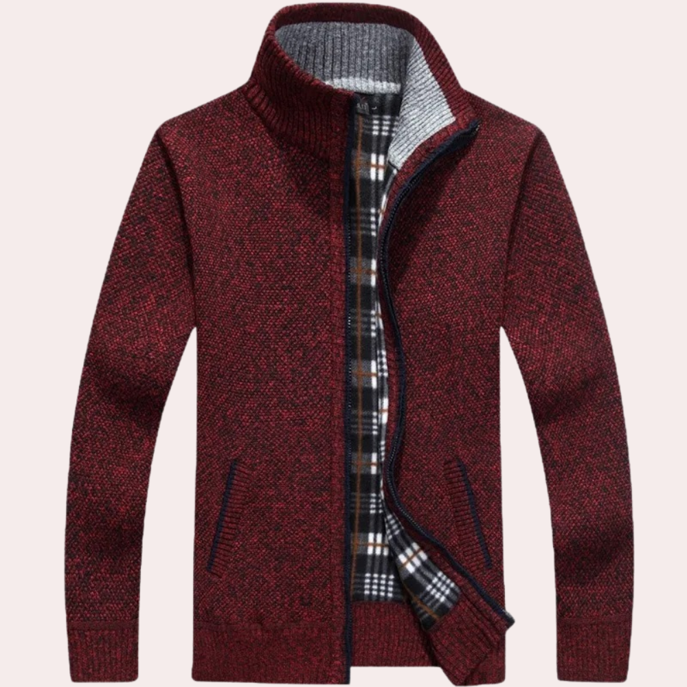 Men's Knitted Zip-Up Cardigan with Stylish Plaid Lining & Mock Neck - Cozy & Fashionable Outerwear