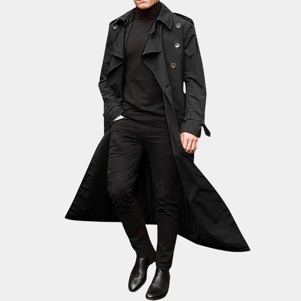Men's Classic Double-Breasted Long Trench Coat with Belt - Stylish & Timeless Outerwear for All Seasons