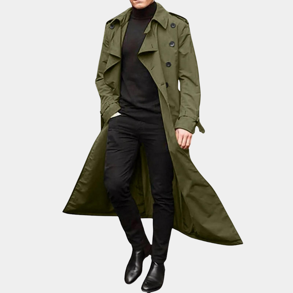 Men's Classic Double-Breasted Long Trench Coat with Belt - Stylish & Timeless Outerwear for All Seasons