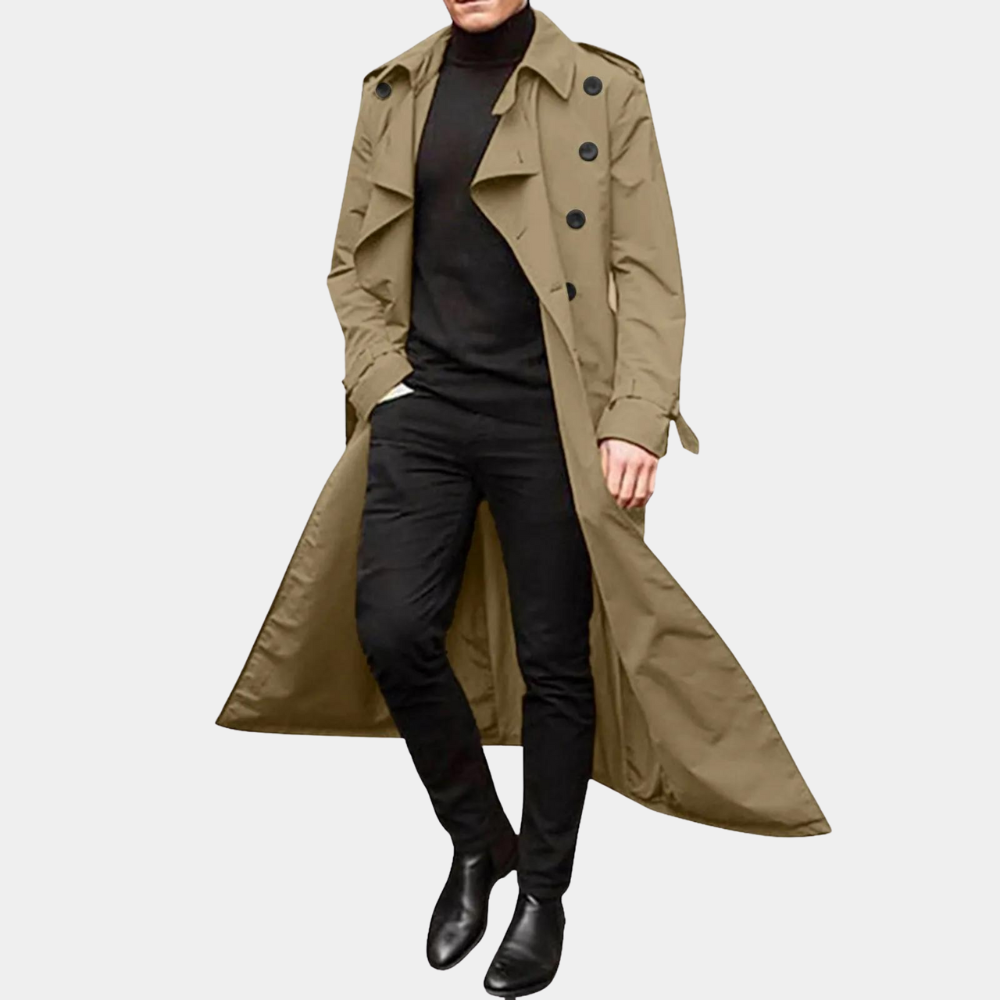 Men's Classic Double-Breasted Long Trench Coat with Belt - Stylish & Timeless Outerwear for All Seasons