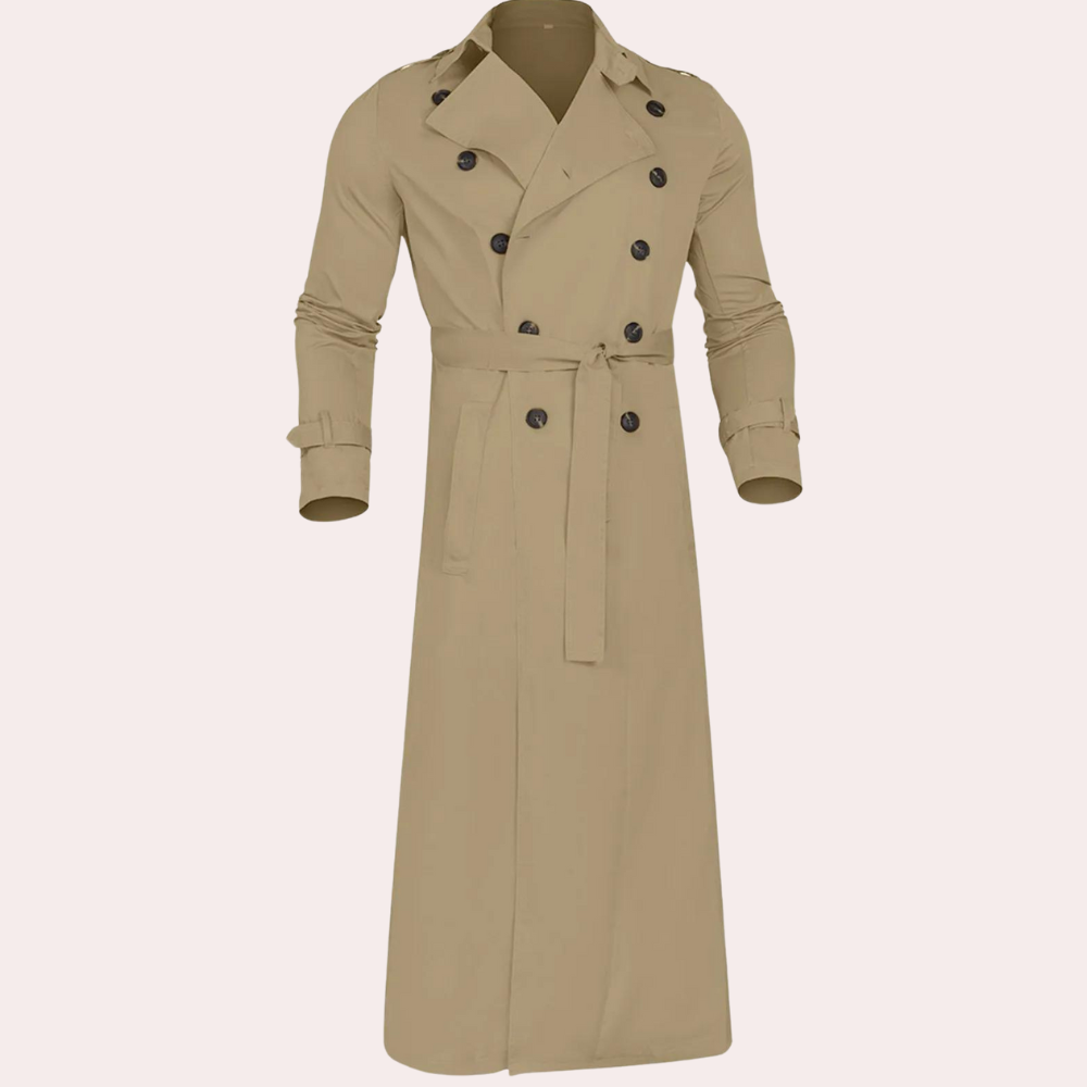 Men's Classic Double-Breasted Long Trench Coat with Belt - Stylish & Timeless Outerwear for All Seasons