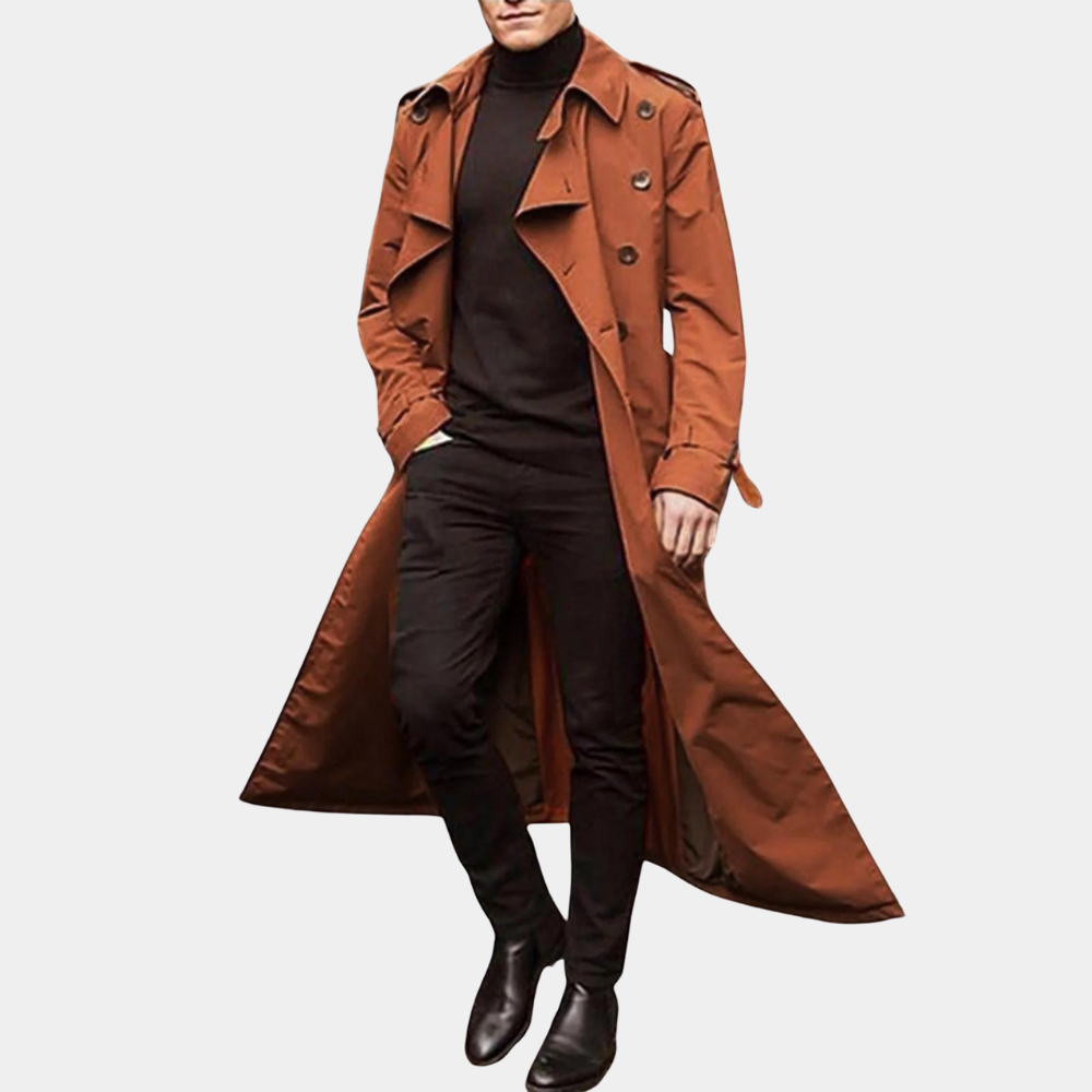 Men's Classic Double-Breasted Long Trench Coat with Belt - Stylish & Timeless Outerwear for All Seasons