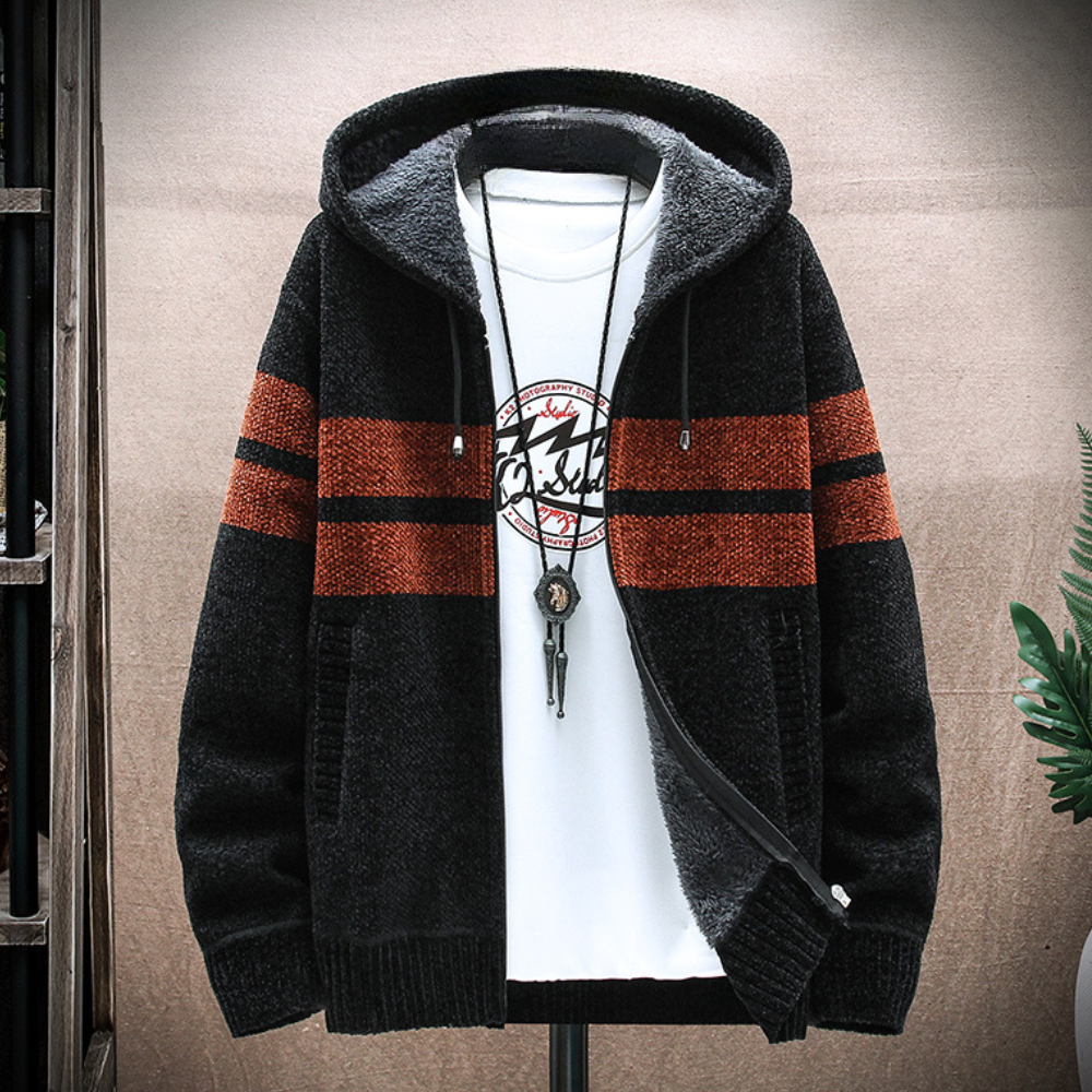 Men's Striped Fleece-Lined Zip Hoodie with Adjustable Drawstring Hood – Cozy & Stylish Outerwear for Fall/Winter