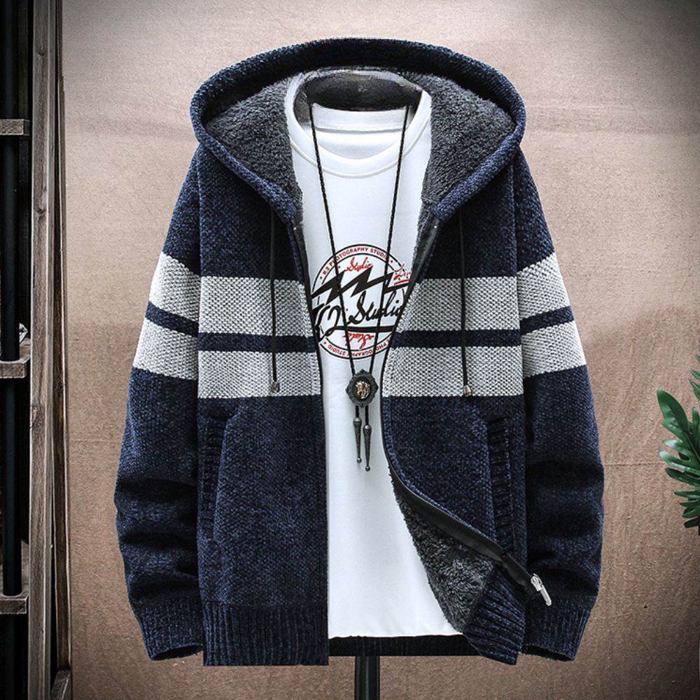 Men's Striped Fleece-Lined Zip Hoodie with Adjustable Drawstring Hood – Cozy & Stylish Outerwear for Fall/Winter