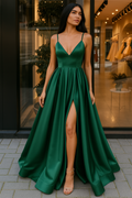 Elegant Dress Deep Green Satin Gown with Front Slit