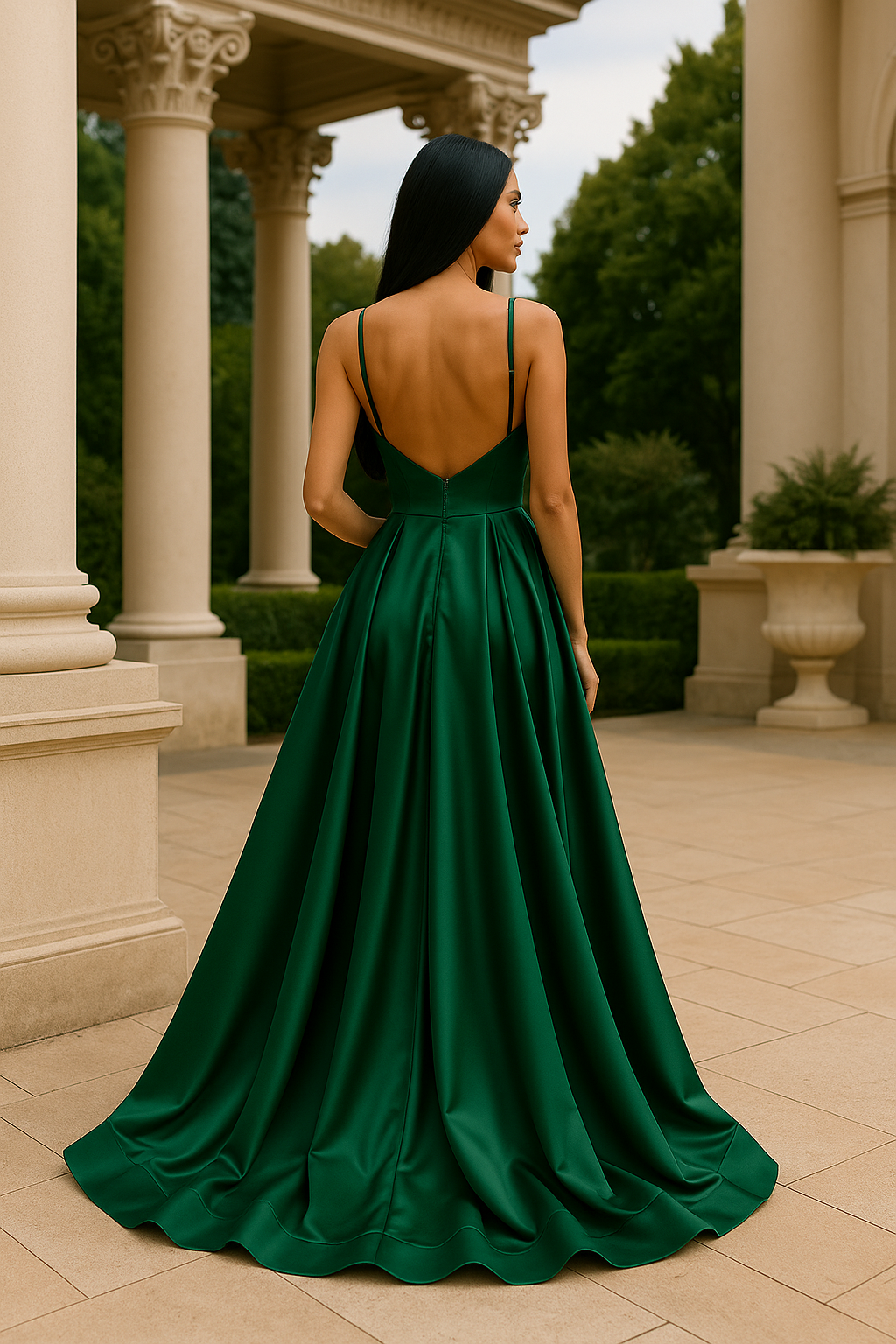 Elegant Dress Deep Green Satin Gown with Front Slit