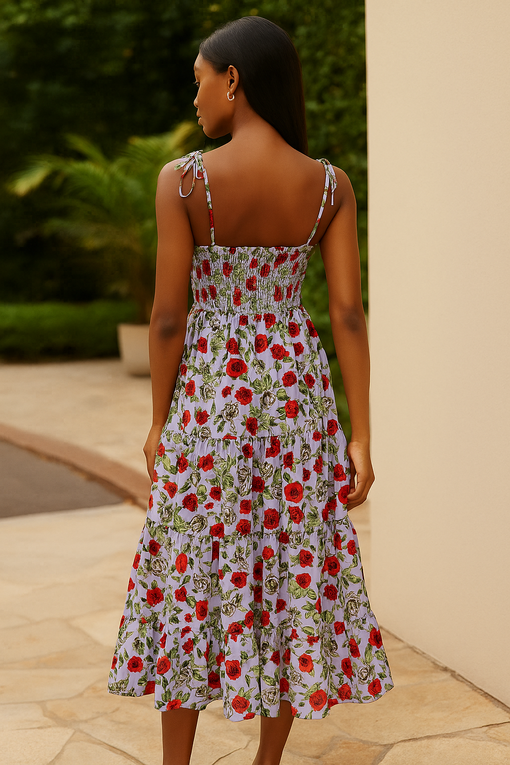 Floral Shirred Bodice Midi Dress – Lavender & Roses