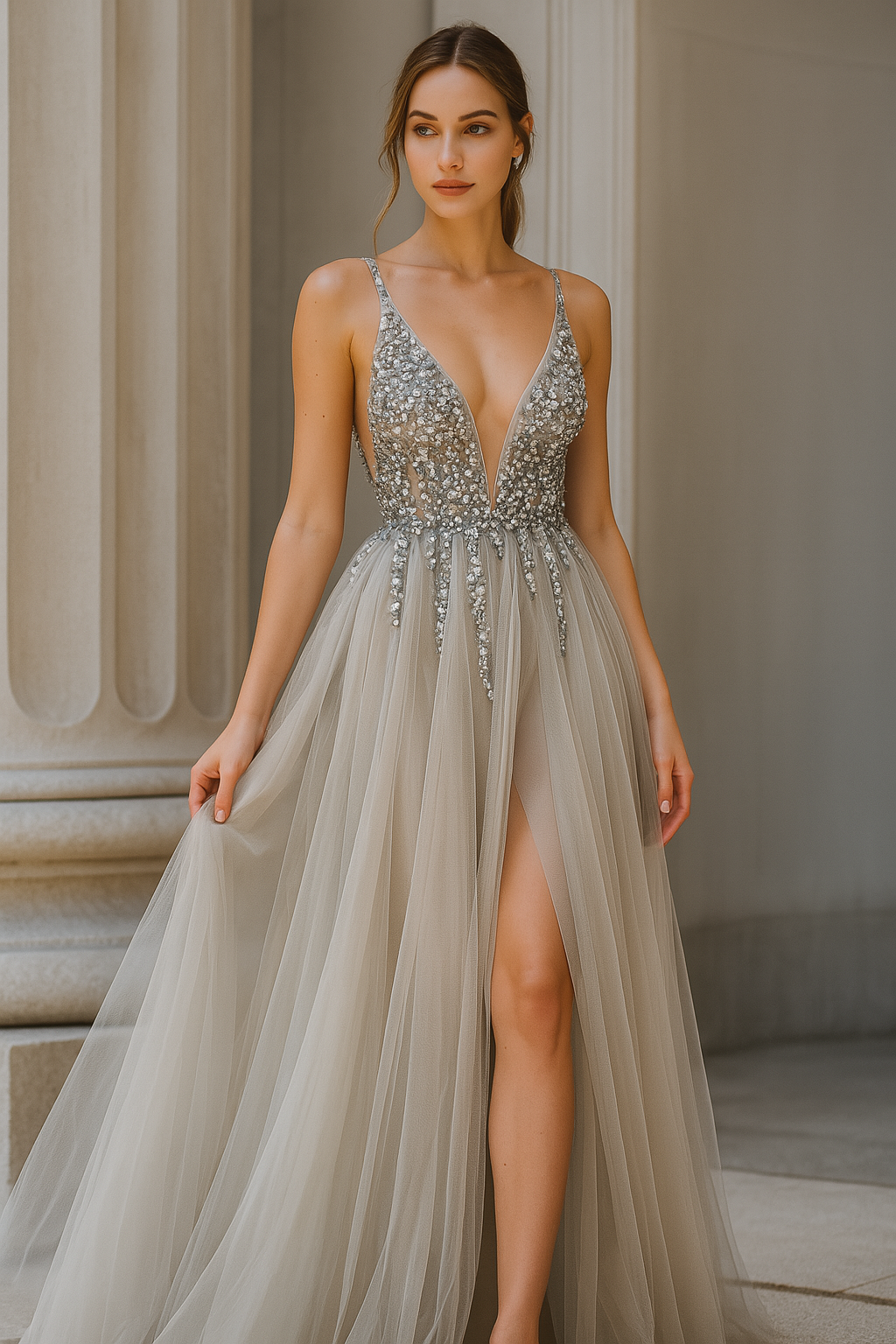 Elegant Dress Crystal Embellished Tulle Evening Gown