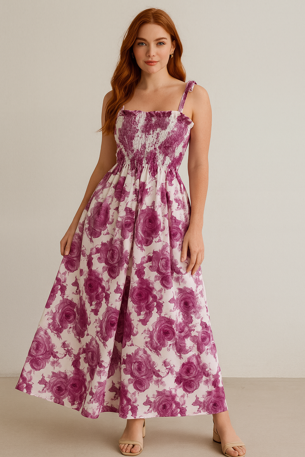 Floral Smocked Maxi Dress with Shoulder Straps – Pink & White