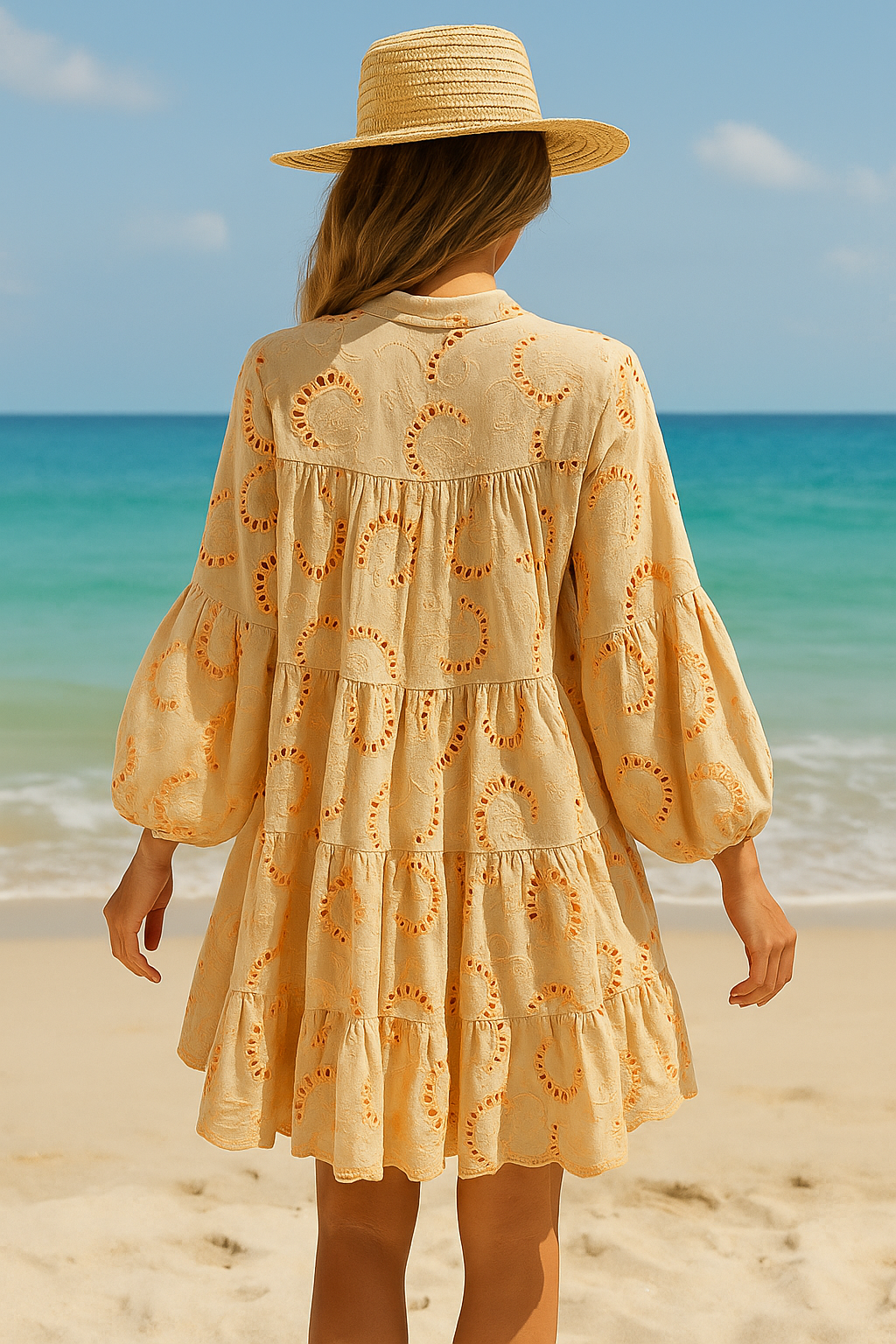 Embroidered Beige Summer Dress with Flowy Sleeves – Tropical Style