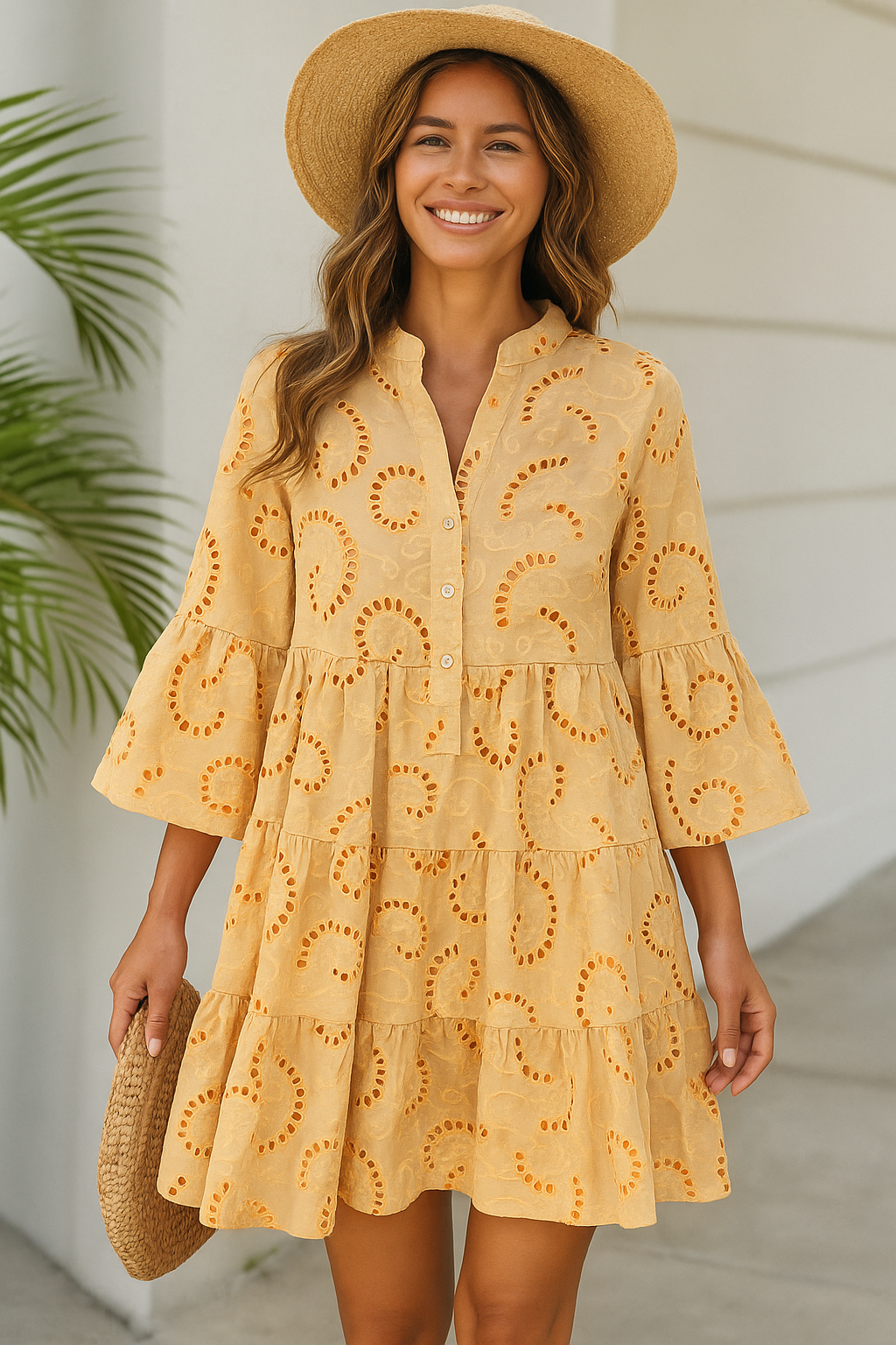 Embroidered Beige Summer Dress with Flowy Sleeves – Tropical Style