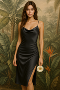 Black Satin Slip Dress with Thin Straps – Timeless Elegance for Bridesmaids & Special Occasions