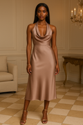 Champagne Satin Halter-Neck Midi Dress
