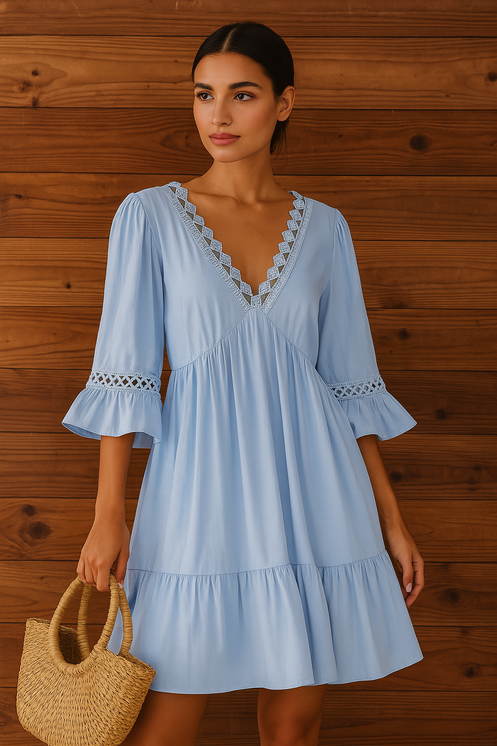 Boho Sky-Blue Lace Trim Midi Dress