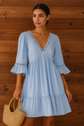 Boho Sky-Blue Lace Trim Midi Dress