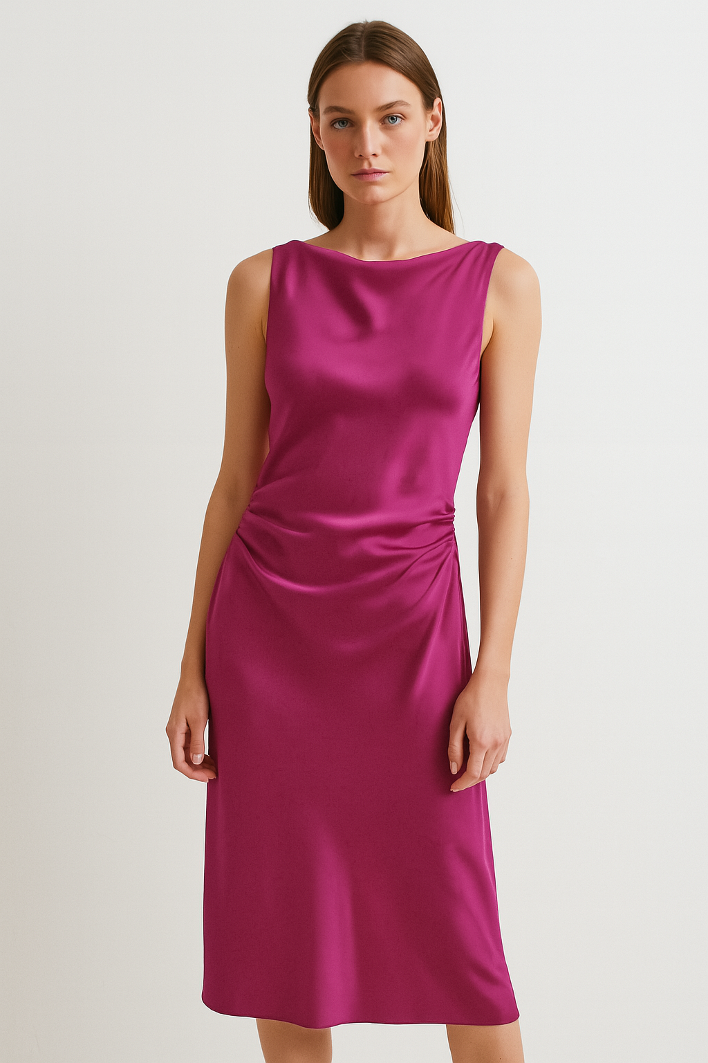 Fuchsia Satin Midi Dress with Side Draping