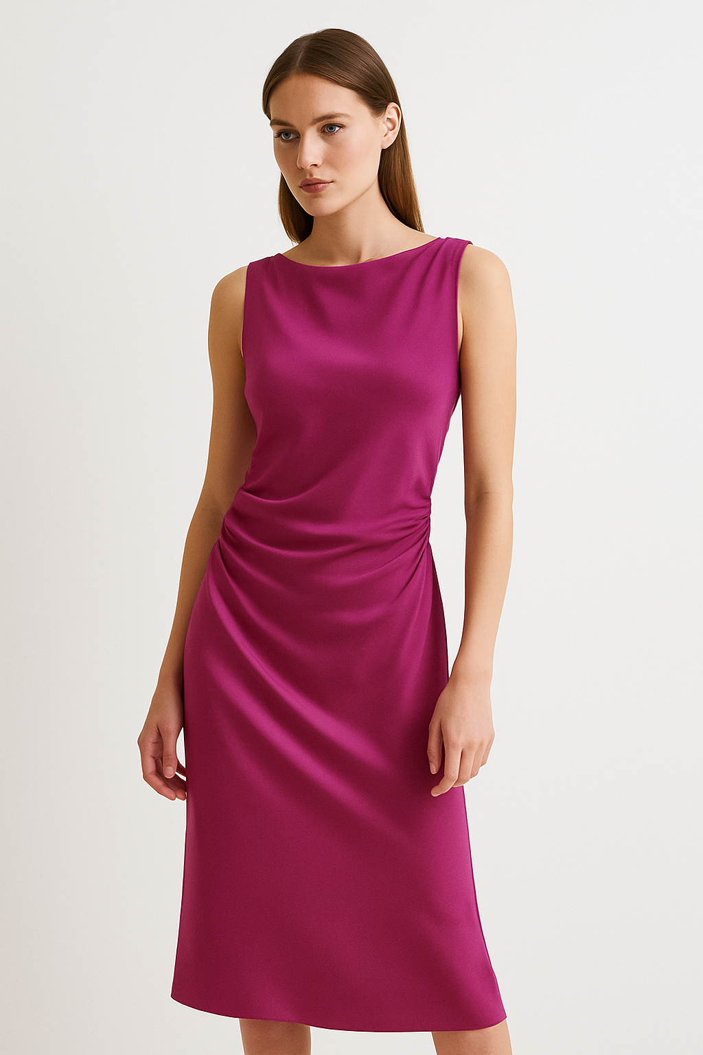 Fuchsia Satin Midi Dress with Side Draping