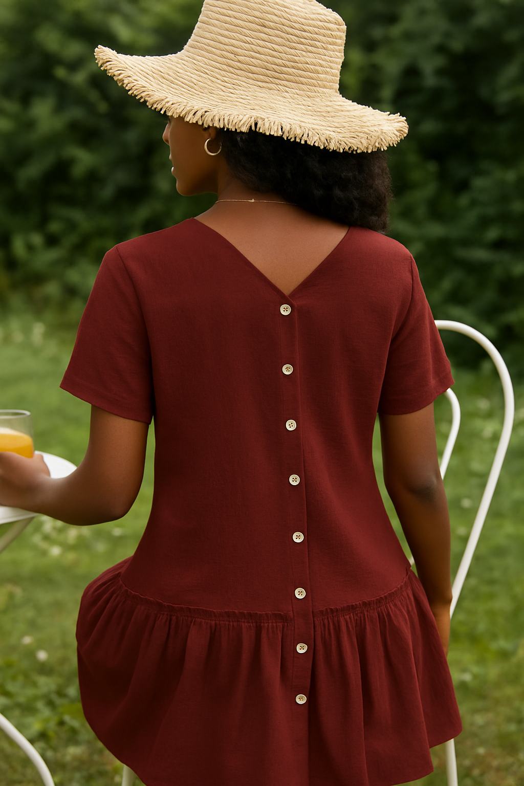 Burgundy Button-Down Summer Dress with Ruffle Hem