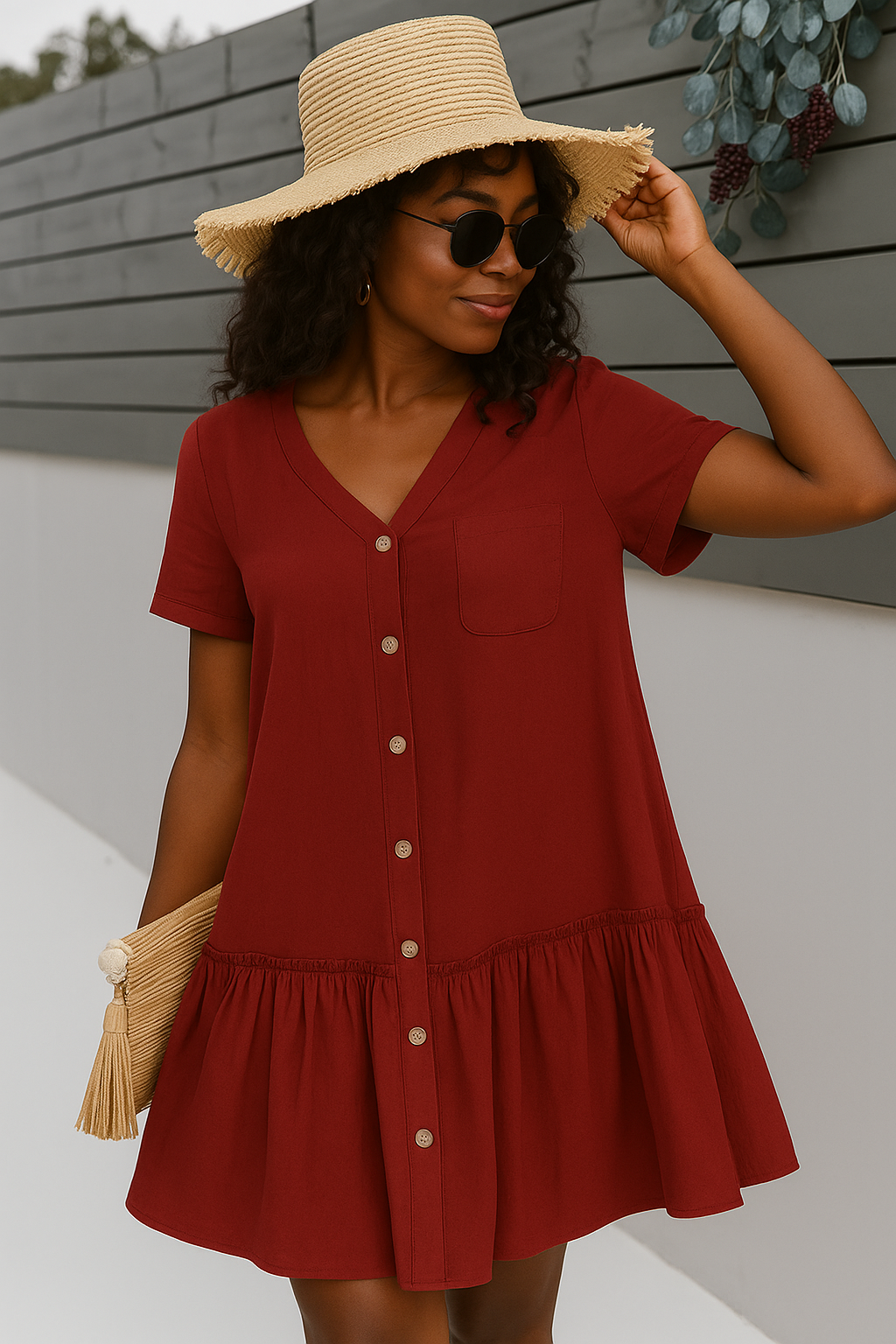 Burgundy Button-Down Summer Dress with Ruffle Hem