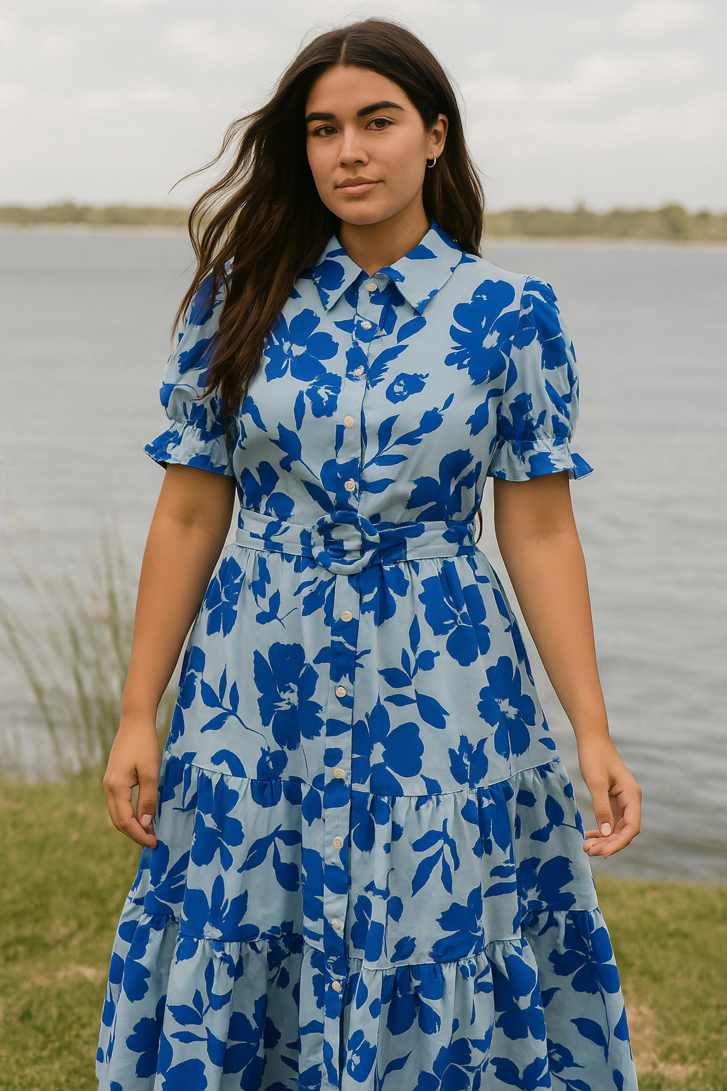 Floral Shirt Midi Dress – Light Blue with Bold Blue Print