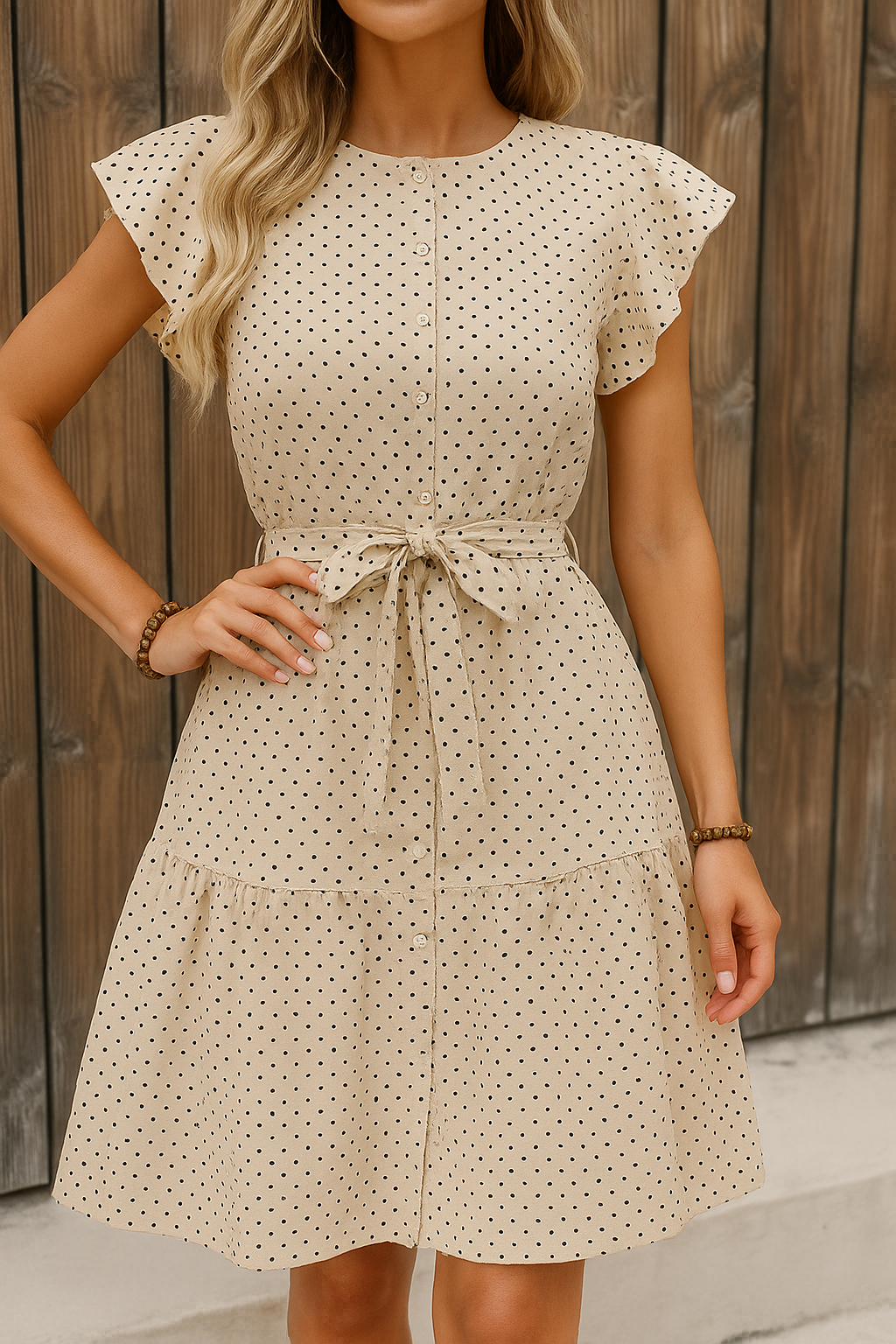 Chic Polka Dot Ruffle Sleeve Belted Summer Dress