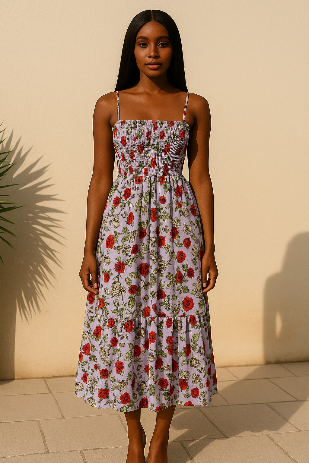 Floral Shirred Bodice Midi Dress – Lavender & Roses