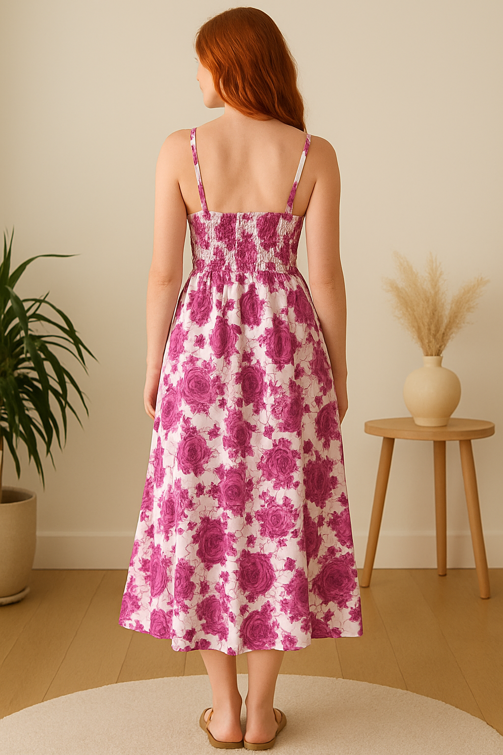 Floral Smocked Maxi Dress with Shoulder Straps – Pink & White