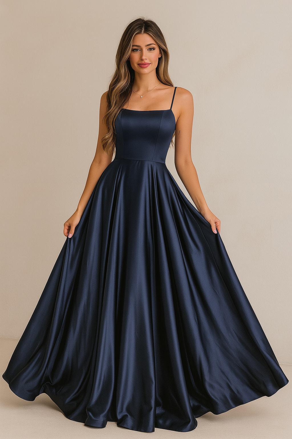 Elegant Dress Navy Satin A-Line Evening Gown