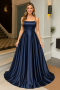 Elegant Dress Navy Satin A-Line Evening Gown