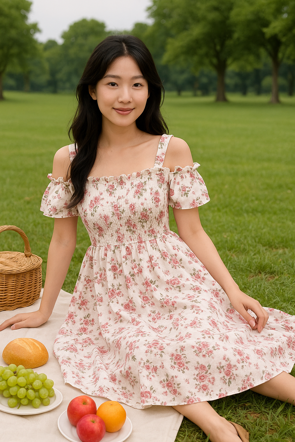 Floral Off-Shoulder Picnic Midi Dress – Romantic Cottagecore Style