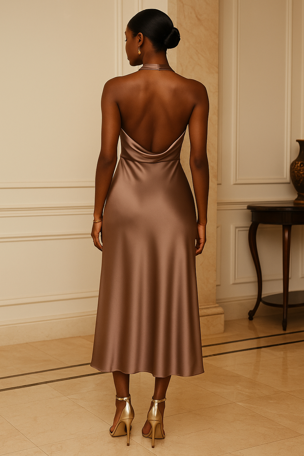 Champagne Satin Halter-Neck Midi Dress