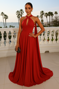 Elegant Dress Red Halter Neck Evening Gown with Cape Detail