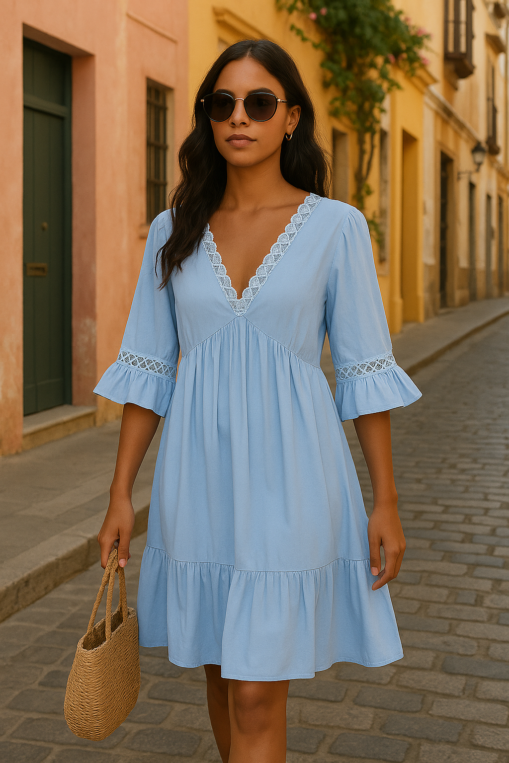 Boho Sky-Blue Lace Trim Midi Dress