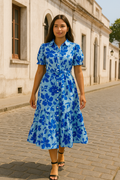 Floral Shirt Midi Dress – Light Blue with Bold Blue Print