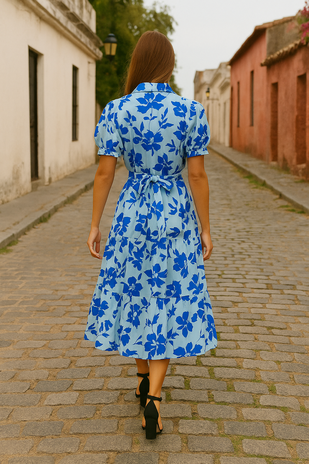 Floral Shirt Midi Dress – Light Blue with Bold Blue Print